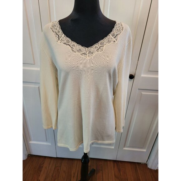 Vintage y2k Cream Fine Gauge Sweater Lace Trim Stretch L Fairy Coquette Cottage - Picture 1 of 7